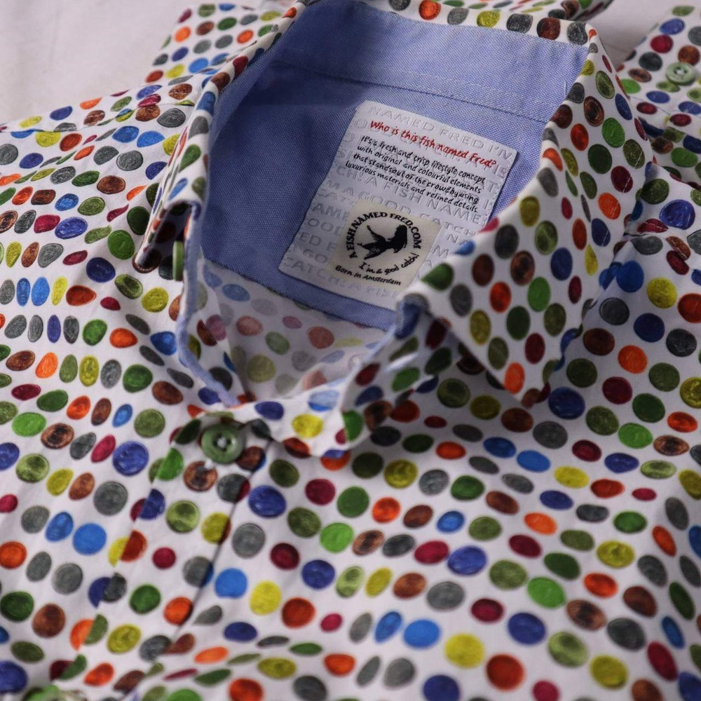 A Fish Named Fred Mens Multicolor Polka Dot Coin Print Button Down Shirt Medium